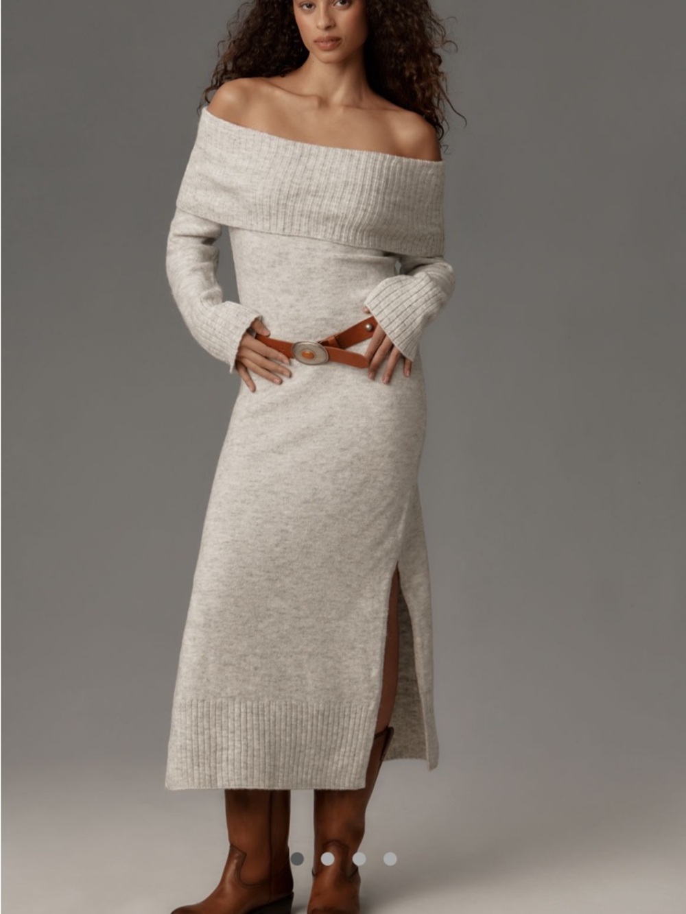 Anthropologie Off-Shoulder Long Sleeve Knit Dress in Light Gray